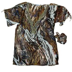 Solitaire Boho Beaded Animal Print Tunic Top Kaftan Large